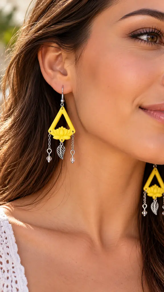 Boucles d’oreilles jaunes bohèmes портées.webp