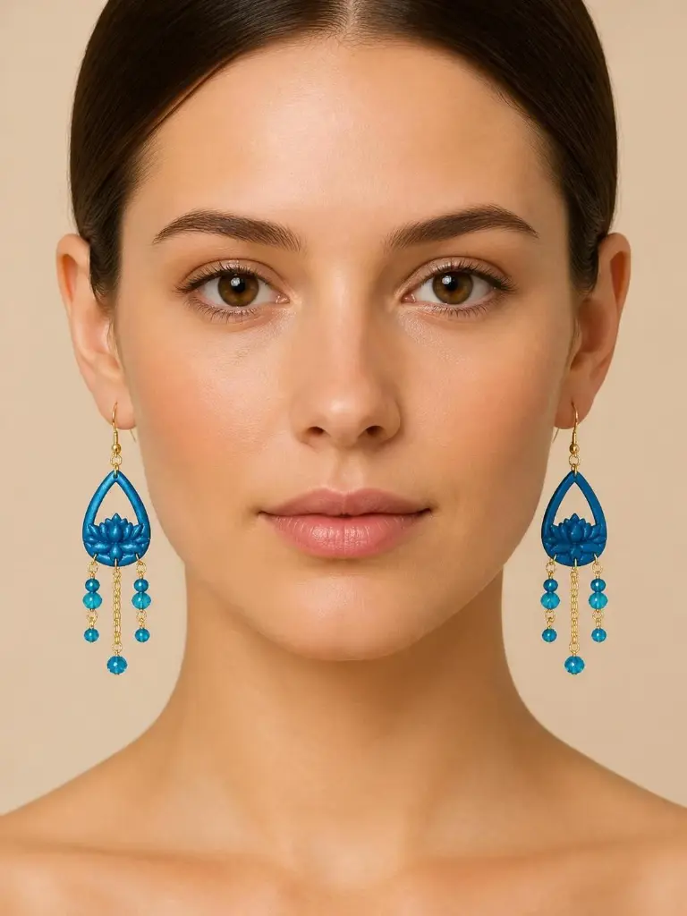 AI Generated Lotus des Lagons - boucles d’oreilles sur mannequin, vue de face