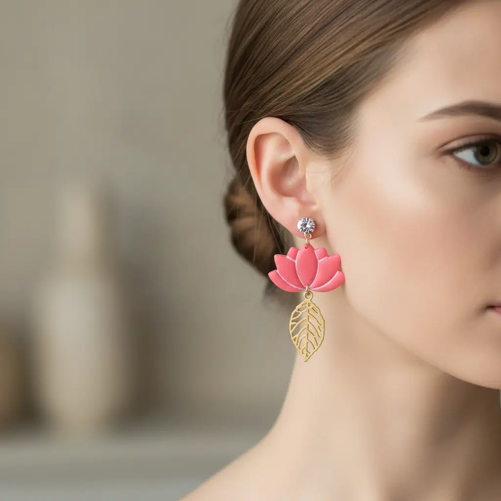 AI Generated Mise en situation boucles d'oreilles lotus et feuille sur le lobe
