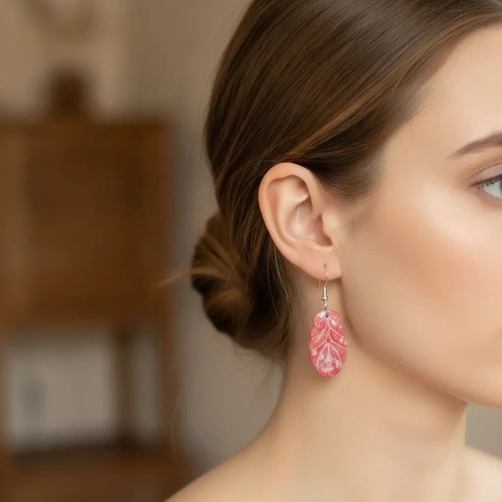 AI Generated Mise en situation des boucles d'oreilles Feuilles Rouges et Blanches