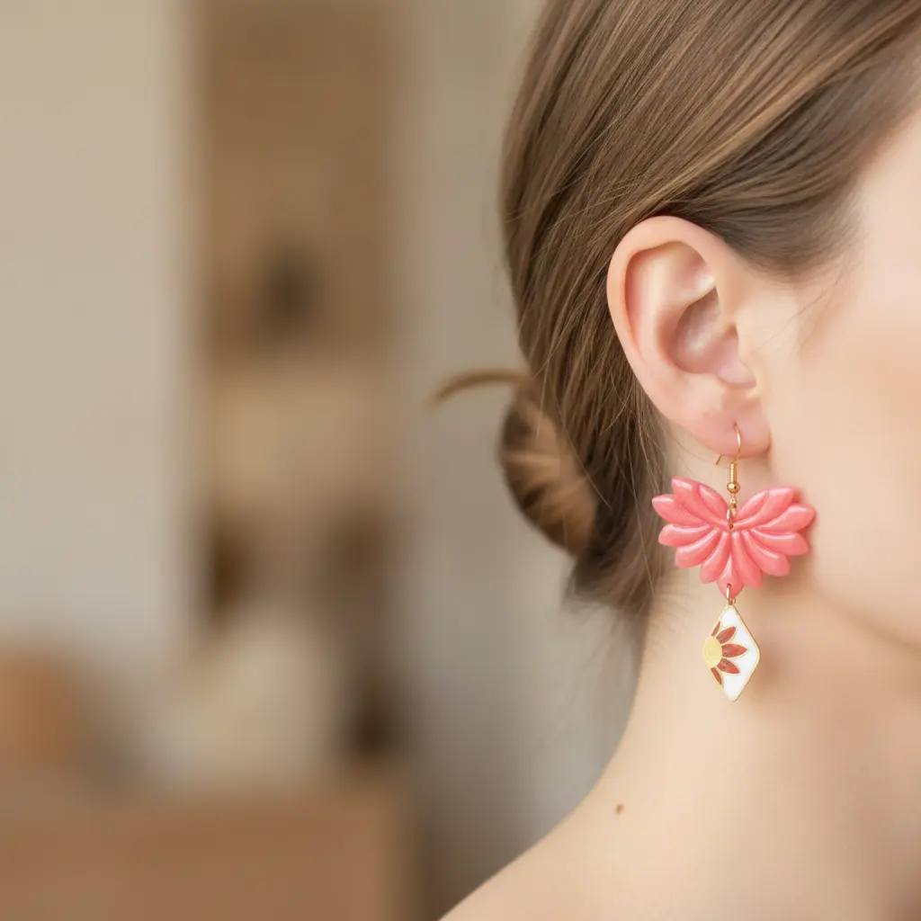 AI Generated Mise en situation des boucles d'oreilles Eventail Rose et Charm