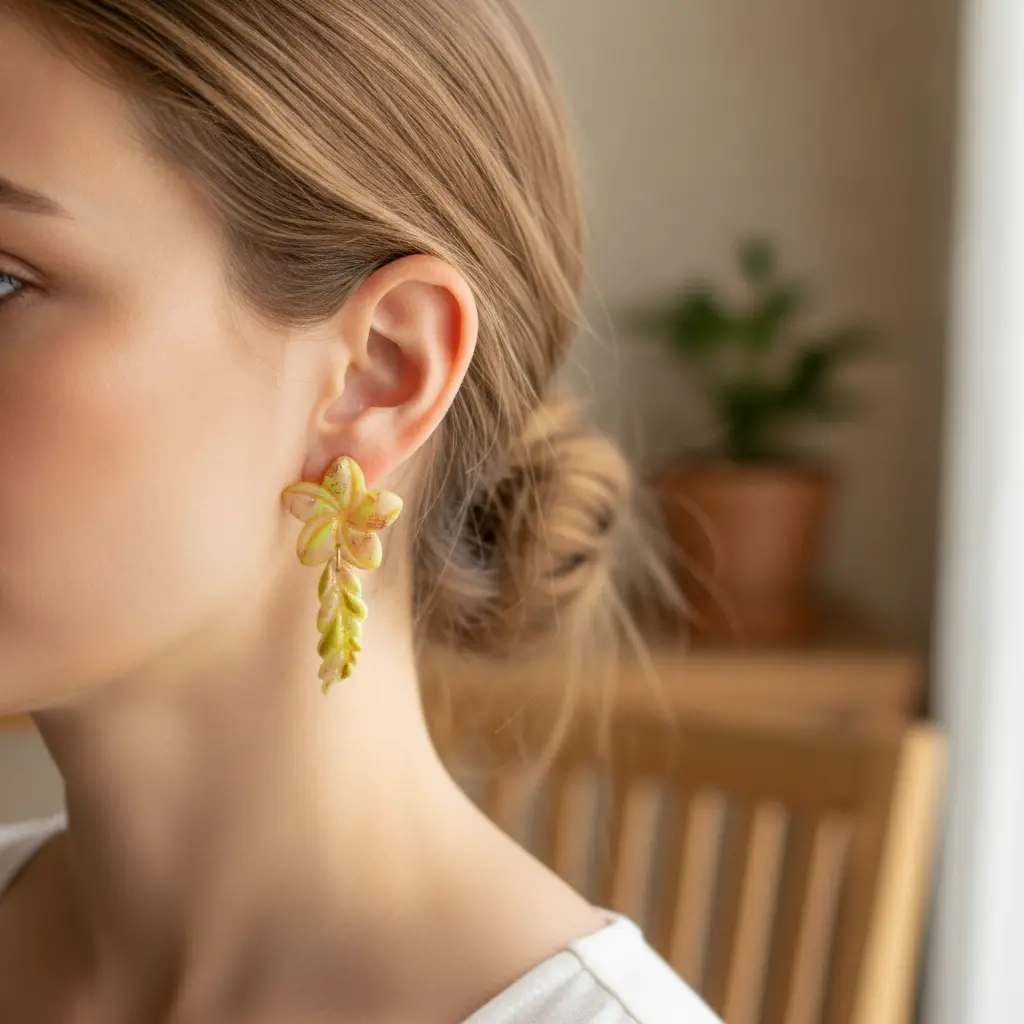 AI Generated Mise en situation des boucles d'oreilles Fleurs Marbrées Jaunes et Roses