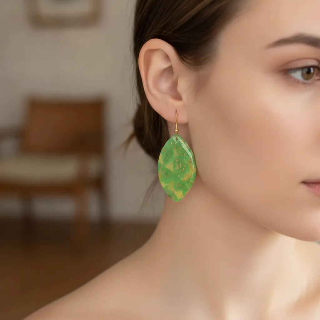 AI Generated Mise en situation des boucles d'oreilles Gouttes Marbrées Vertes et Jaunes