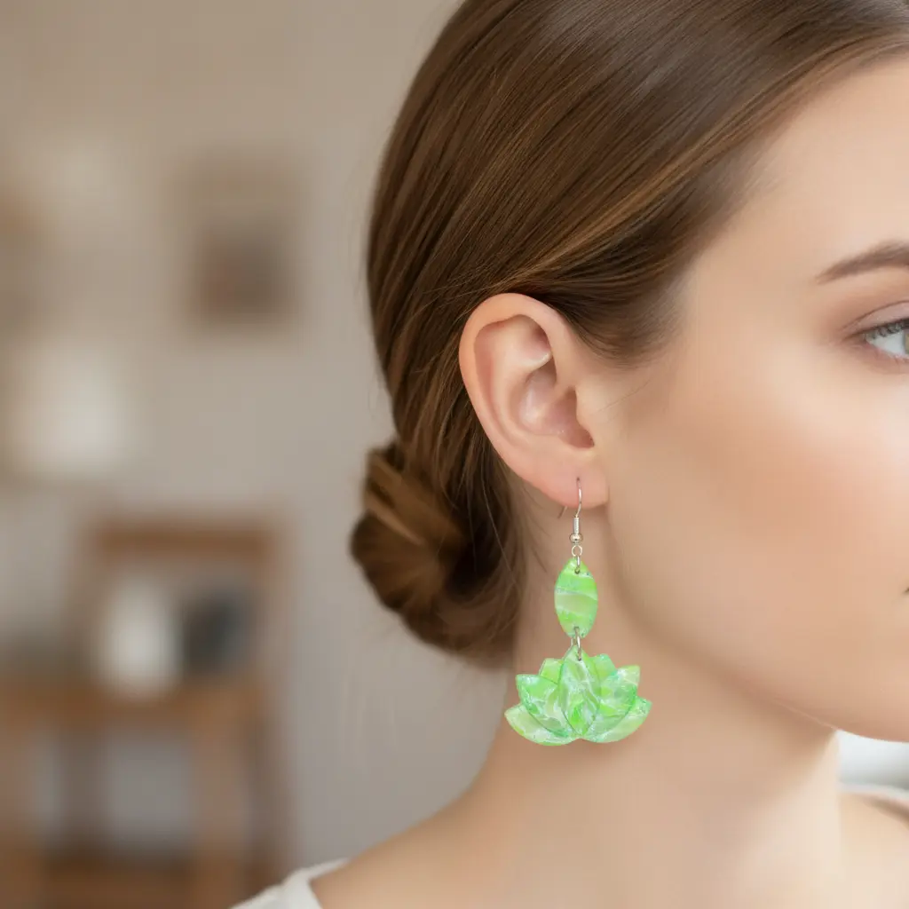 AI Generated Mise en situation des boucles d'oreilles Lotus Vert Pomme Marbré